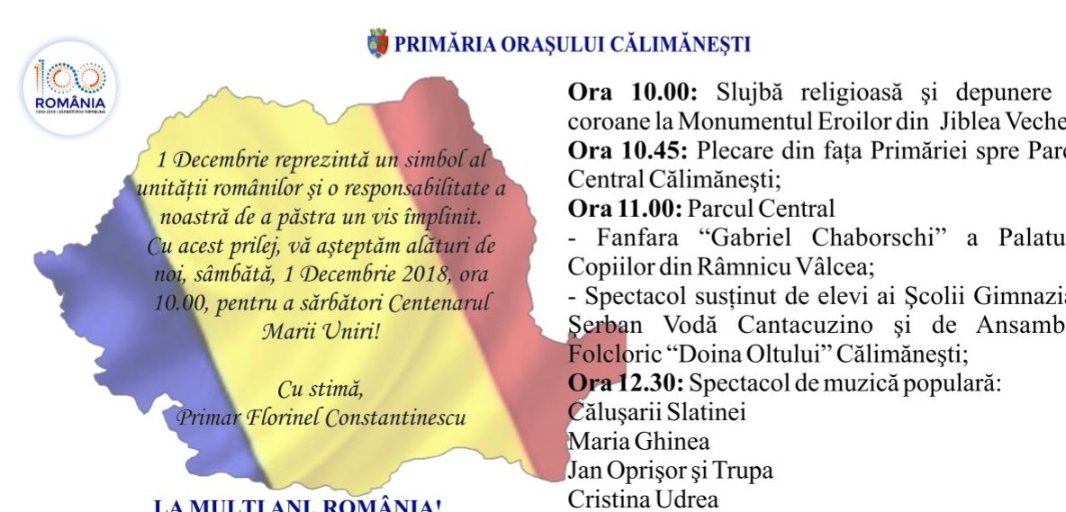 “100 de ani România”, în Călimănești! Evenimente speciale în ziua Marii Uniri