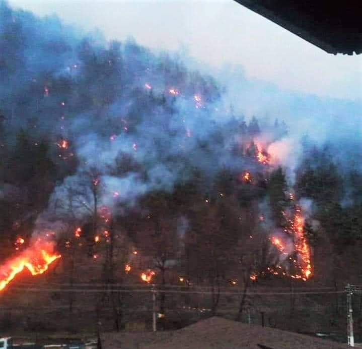 Elicopterul din zona incendiului din Brezoi a fost retras în această după- amiază