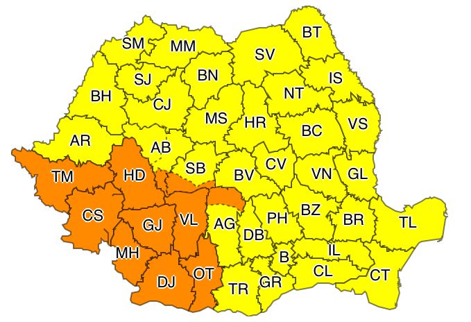 Cod portocaliu de instabilitate atmosferică, începând cu ora 12 00