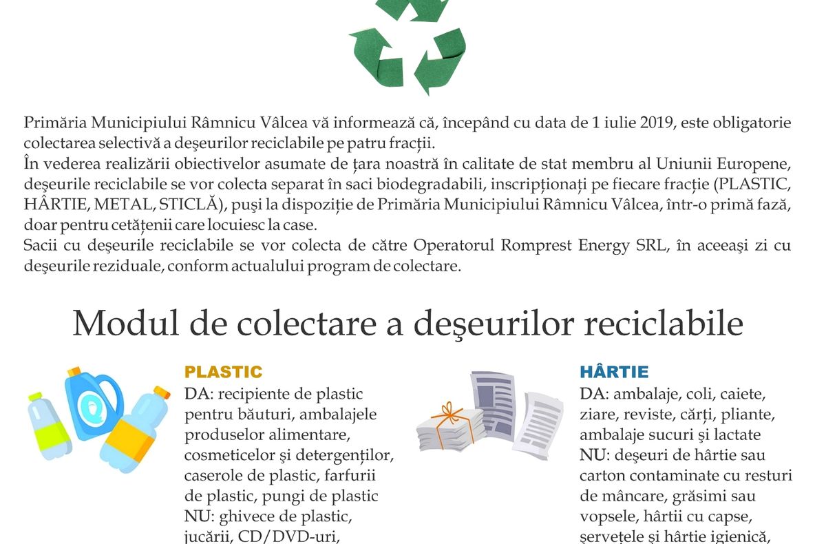 Începe distribuirea sacilor pentru colectarea separată a deşeurilor reciclabile