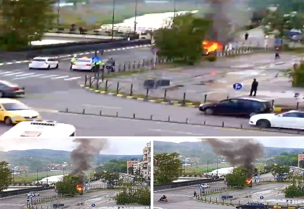 Autoturism în flăcări în centrul orașului Râmnicu Vâlcea