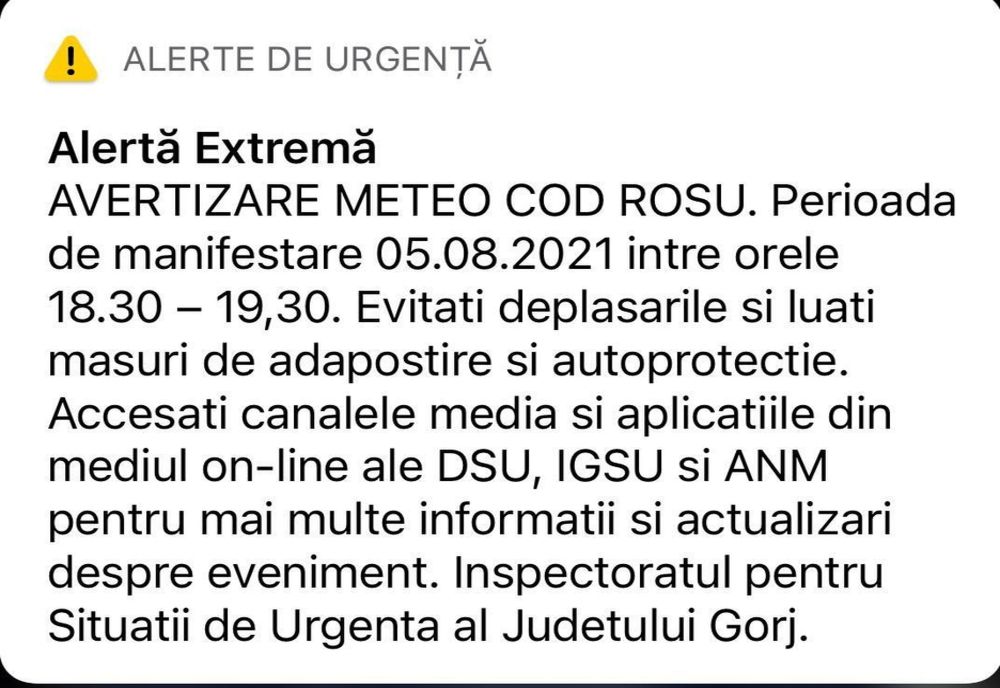 Gorj şi Vâlcea: COD ROŞU de vreme rea