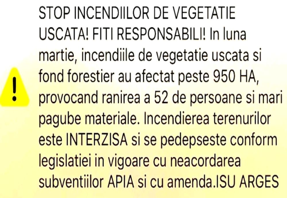 Mesaj RO- Alert. Fără subvenții APIA şi amendă pentru cei care incendiază vegetația